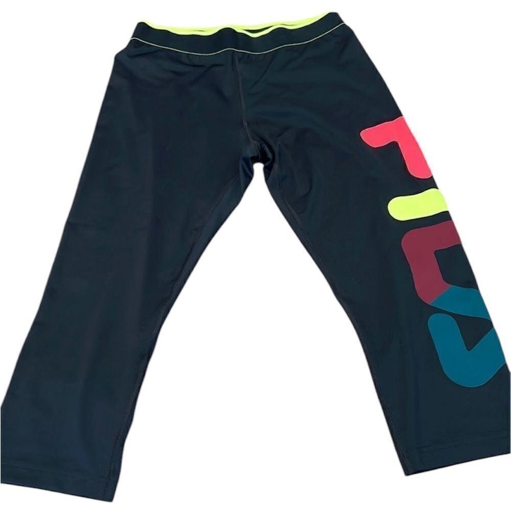 Fila size large black cropped leggings with FILA logo down one leg GUC